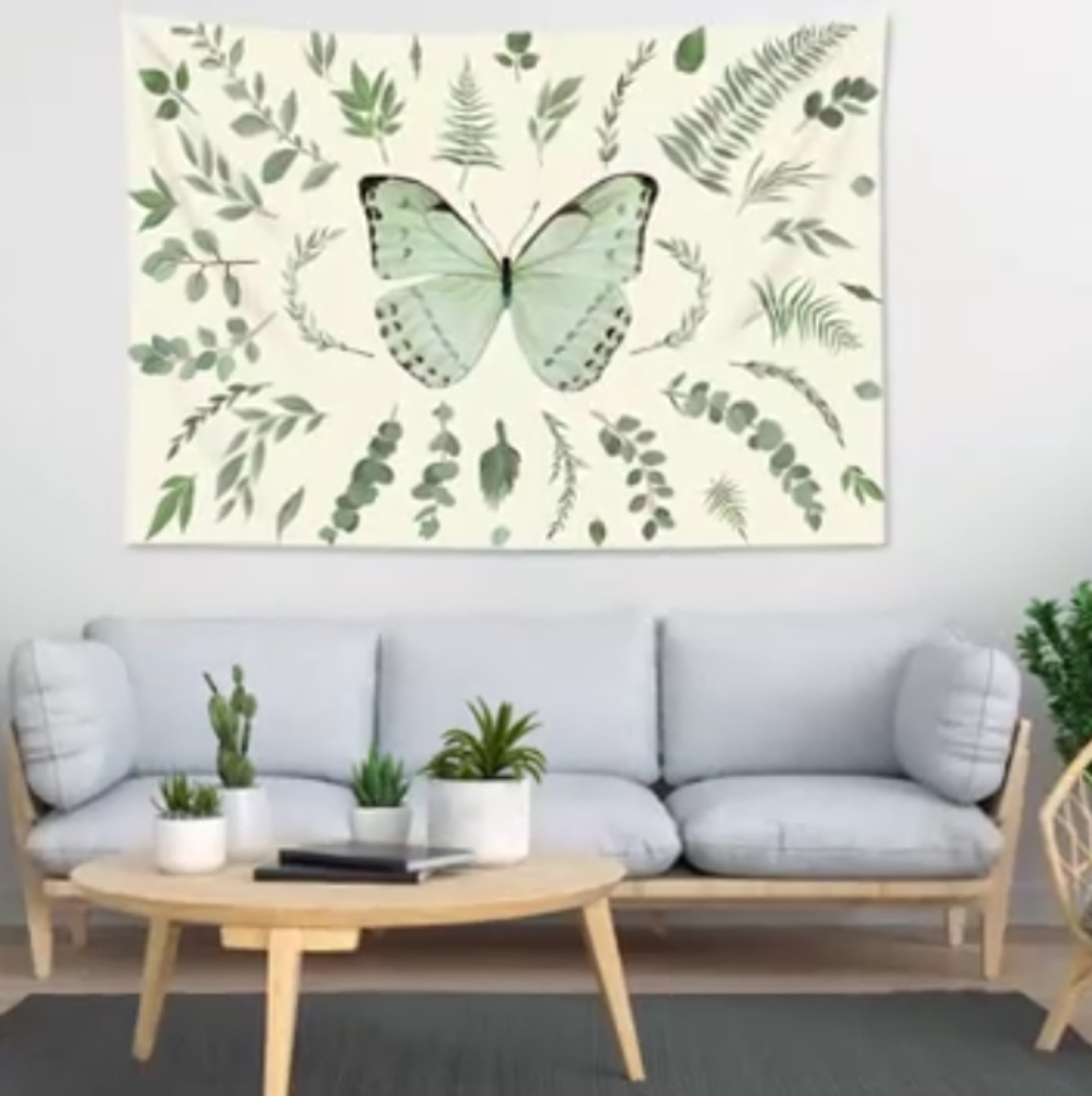 Green Butterfly Wall Tapestry Botanical Art Plants Big Fern Gingko Leaves Ivory